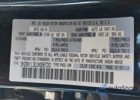 2018 Mazda Mazda3 Touring z USA, uszkodzony, nr VIN 3MZBN1L30JM255720